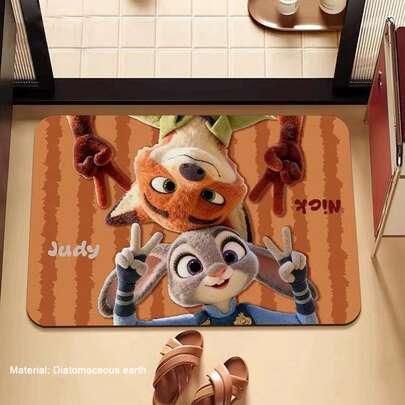 Disney Zootopia Anti-Slip Bathroom Mat, Featuring Cute Cartoon Characters Nick And Judy, Quick-Drying Absorbent Silicone Soft Mat, Non-Slip Silicone Material, Easy To Clean, Suitable For Bathroom And Entryway, Zootopia Themed Home Decor, Applicable To Living Room, Bedroom, Yoga Room, Bathroom, Outdoor Carpet, Doormat, Essential Home Decor Item For Summer