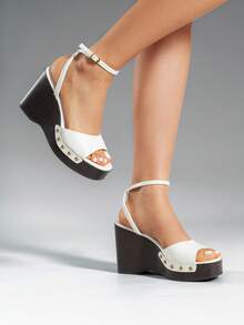 Women's Wedge Sandals 3.94inch Platform Square-Toe Dressy Ankle Buckle Studded Fashion Elegant Sandals Summer White Shoes - 白色 - 查看 4