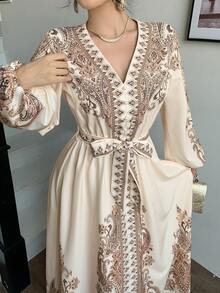 abyoxi 女士杏色长袖V领单排扣A字摆长连衣裙，复古优雅，适合节日、正式晚宴，春夏长款连衣裙 - 杏色 - 查看 4