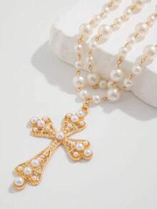 1pc Handmade Beaded Cross Pendant Necklace, Unisex Couples Style, Vintage European & American Fashion Versatile Short Necklace For Daily, Party - Double Layer Necklace - View 3
