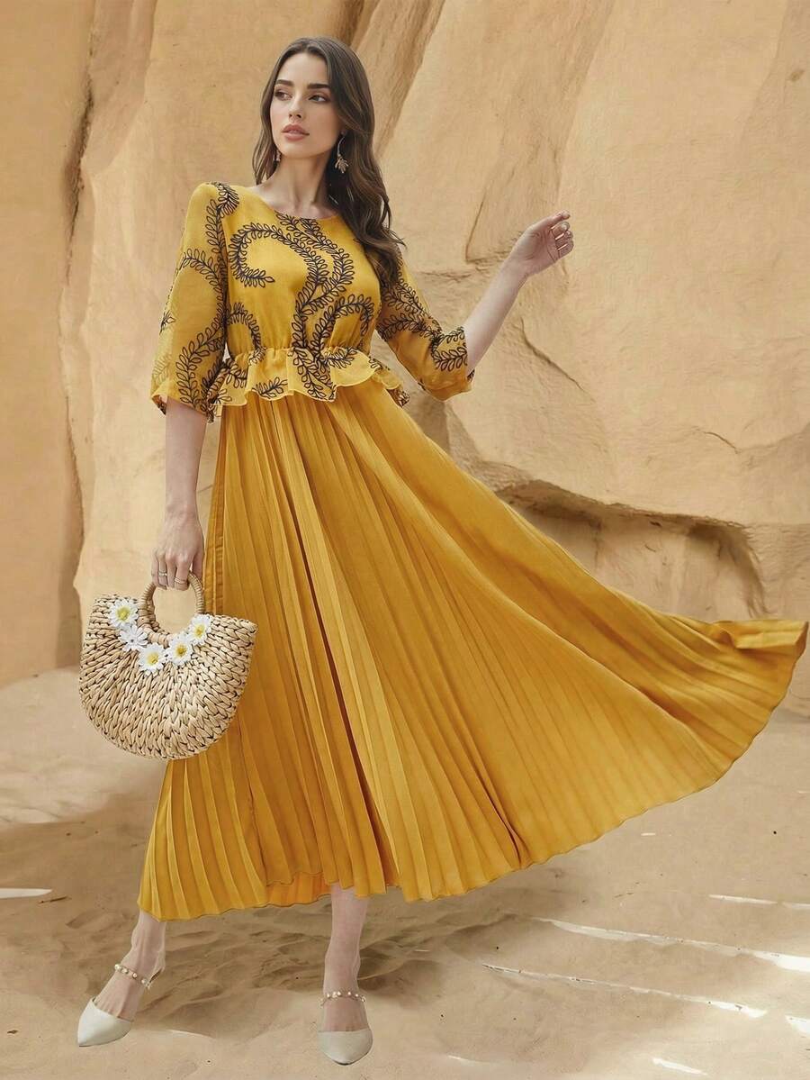 优雅阿拉伯褶裥长裙，圆领，七分袖，刺绣设计，梭织面料 - 黃色 - 查看 1