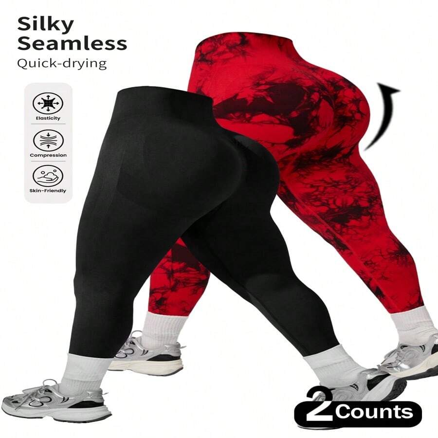 Plus Size Women's Silky Seamless Quick-Drying Sports Leggings With Compression & Stretch Tech, Skin-Friendly Fabric, Ideal For Gym Workouts, Yoga, Or Daily Wear, 2-Pack (Black & Red Marble Print) - 黑色+紅色 - 查看 1