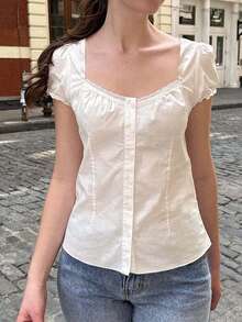 ELVA 女士夏季简约梦幻休闲优雅学院风方领泡泡袖基础款前扣腰部蕾丝设计衬衫，适合年轻女士、教师、母亲节、音乐会、复活节派对、返校、毕业典礼、生日聚会、下午茶，以及日常通勤、郊游、度假、早午餐、户外活动和正式办公场合穿着。白色 - 白色 - 查看 8