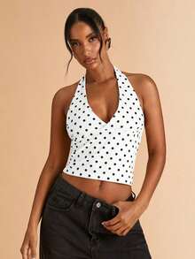 1 Piece White Polka Dot Tie Detail Halter Top, Sexy Chic Backless Open Back Crop Top For Women, Perfect For Party, Date Night And Vacation - 白色 - 查看 6