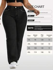 Quần jeans nữ cỡ lớn kiểu boyfriend màu đen, dáng suông, đính đinh tán - Quần denim phong cách đường phố cổ điển. - màu đen - Xem 7