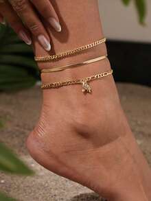 3pcs/Set Women Anklet Set, Bohemian Summer Beach Vacation Layered Style, Gold-Plated Cuban Link, Flat Snake Bone Chain, Copper Zirconia Turtle Pendant Ocean Series Multi-Layer Anklet Accessories Gift - Yellow Gold - View 4