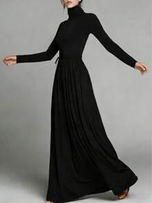 女士纯色高领长袖连衣裙，系腰带，飘逸显瘦复古风，百搭办公连衣裙 - 黑色 - 查看 4