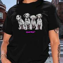 Womens Casual Crew Neck Short Sleeve T-Shirt, Cute Dalmatian Dog Print, Soft Stretch Knit Fabric, Summer Vacation Tee - Negro - Ver 2