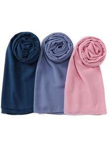 3件套女士纯色珍珠雪纺优雅滚边传统穆斯林头巾套装 - 彩色 - 查看 12