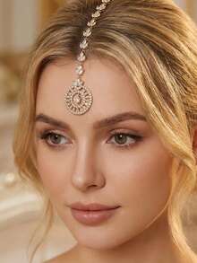 1pc Gold Plated CZ Maang Tikka Headpiece, Sparkling Leaf Vine Head Chain With Circular Sunburst Pendant, Crystal Forehead Head Jewelry For Wedding Bridal Party Festival Accessories - Multicolor - View 9