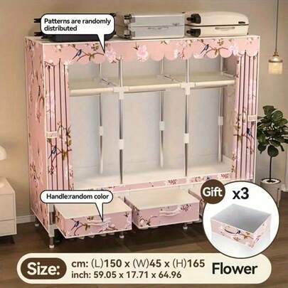 1pc Simple And Durable Christmas Wardrobe, 1. 5m Wide With 3 Drawers And 3 Hanging Rods - Features A Double Layered Design - Easy To Assemble, Curtained Sliding Doors, Ideal For Home Storage, Portable Wardrobe, Portable Closets