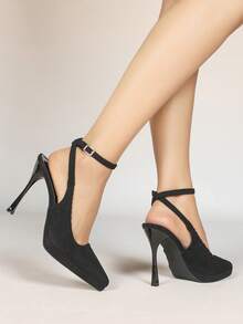 Women's Pointed Toe Thick Sole Backless Sandals With Metal Buckle, Elegant High Heels, Basic Style For Summer & Autumn - Black - View 4