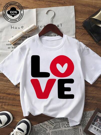 Valentine's Day LOVE Graphic Print Short Sleeve T - Shirt Women's Casual Crew Neck Loose Fit Basic Tee Top Black Summer Holiday Streetwear Fashion Couple Outfit 2024