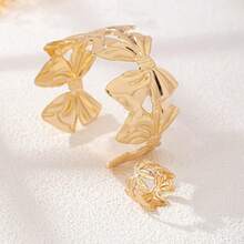 2件套时尚创意几何金属光滑蝴蝶结可调节手镯 + 1枚优雅戒指首饰套装，适合女性日常佩戴，情人节礼物 - 金黃色 - 查看 3