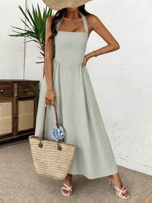 女士春夏无袖拉链褶皱连衣裙，休闲优雅风格，适合海滩、度假、约会、音乐节、情人节、生日派对等场合。 - 灰綠 - 查看 8