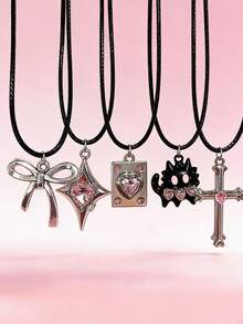 5pcs Pink Necklace Set, Bohemian Necklaces With Cross, Star, Heart Pendant, Leather Cord Necklaces, Women Jewelry, Valentine's Day Gift - 5 Pink Necklace Set - View 7