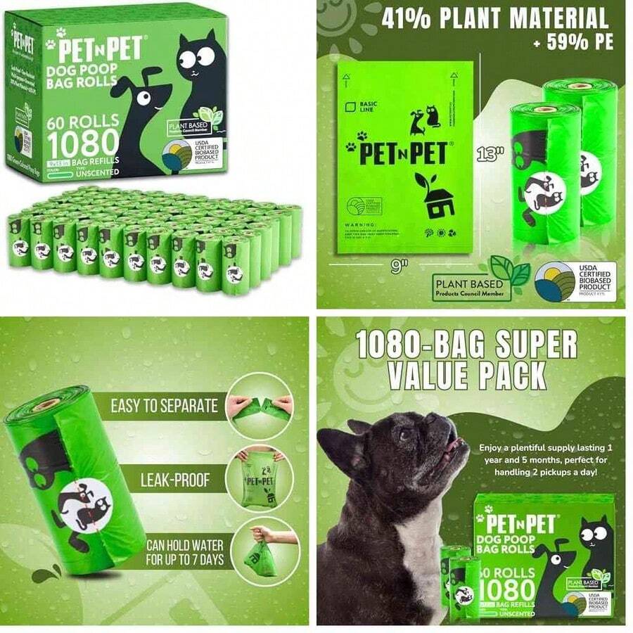 Pet N Pet 1080 Recuentos Bolsas Para Perro Biodegradables, 60 Rollos, 9x13 Pulgadas Bolsa Para Perro, 38% USDA Bolsas Biodegradables Para Perro - verde 3 - Ver 1