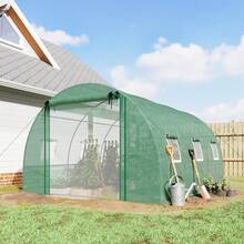 Outsunny 13'x9.8'x6.6' Walk-In Tunnel Greenhouse W/ 2 Support Rods, Roll-Up Mesh Door, Mesh Windows, Plant Hot House With PE Cover, Galvanized Steel Frame, Outdoor Garden, Green - Green - View 1