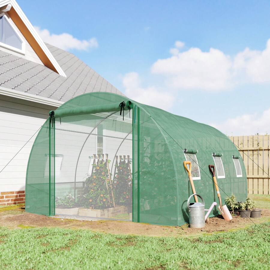 Outsunny 13'x9.8'x6.6' Walk-In Tunnel Greenhouse W/ 2 Support Rods, Roll-Up Mesh Door, Mesh Windows, Plant Hot House With PE Cover, Galvanized Steel Frame, Outdoor Garden, Green - Green - View 1