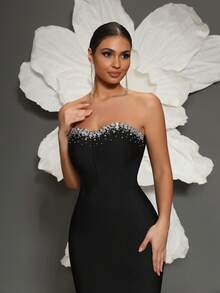 Handmade Rhinestone Embellished Bandage Bodycon Dress, Strapless Mermaid Silhouette, Luxury Sexy Fashion For Family Gathering, Party, Banquet, Evening Gown - Black - View 2