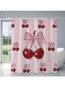 1/4pcs Pink Bow & Cherry Pattern Bathroom Curtain Set, Modern Style Home Decor Printed, Washable, Fashionable Theme, Suitable For All Seasons, Easy Installation - Includes 12 Hooks For Bathroom, Guest Room, Bedroom, Living Room - Multicolor - View 23