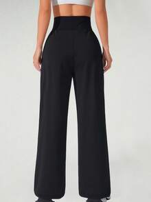 Women's High Waist Sports Pants - Loose Wide Leg Yoga Pants With Pockets, Fashionable Solid Color Casual Sports Wide Legs Pants, Wide Leg High Waist Casual Pants, Spring And Autumn Daily Casual - màu đen - Xem 3