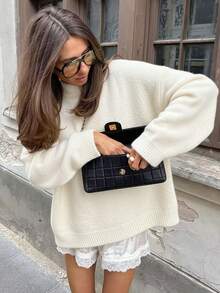 2026新款优雅街头风休闲针织长袖圆领字母印花刺绣套头毛衣，黄白 - 白色 - 查看 4