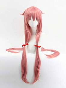 时尚女士超长直发粉色合成假发，带刘海、低马尾和两个红色蝴蝶结，采用耐热高温纤维制成，无需胶水，外观自然，适合节日派对、角色扮演、圣诞聚会、动漫服装等场合。舒适耐用，新手友好，是节日配饰的理想之选，尤其适合动漫展卡通人物造型，也是送给她的生日礼物。 - 彩色 - 查看 3