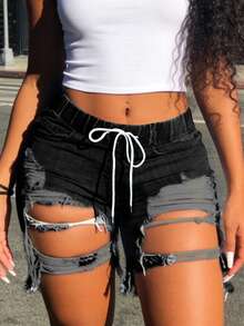 Women's High Waist Drawstring Distressed Frayed Hem Denim Shorts - Elastic Waist Slimming Practical Pockets Casual Fashion Shorts - Black - View 1