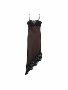 Vestido casual de mujer de unicolor con parches de encaje, sin mangas, con bajo asimétrico, para primavera/verano, de estilo elegante y de alta calle, nueva llegada - Marrón - Ver 5