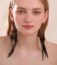 Pendientes largos de plumas para mujer, pendientes colgantes de plumas bohemias, pendientes de plumas naturales, pendientes de plumas negras WNCJ - Z - Ver 6