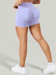 Plus Size High Waist Tummy Control Shorts, Hidden Lift Skinny Cycling Shorts Summer Sports - Lilac Purple - View 6