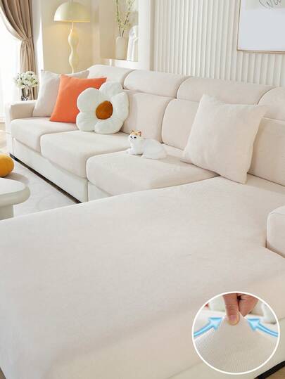 1pc All Season Solid Color Chenille Anti-Slip Sofa Seat Cushion Cover, Minimalist Modern Soft & Skin-Friendly Pet-Proof Elastic Sofa Slipcover, Spring/Autumn Anti-Scratch Sofa Skirt Fit For L-Shaped Combination Sofa And 1/2/3/4 Seater Sofa (Single Piece Sold)