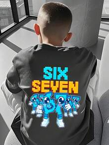 Áo thun in hình "Italian Brain Rot Funny Number 67" dành cho bé trai, chất liệu mềm mại và thoải mái, kiểu dáng thời trang mùa hè cho bé trai. - Màu xám đen - Xem 5