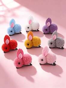 2/4个可爱毛绒兔子发夹 - 饰有卡通兔子和熊图案，星形蓬松发夹，彩色纽扣设计，甜美柔软的发饰，适合日常女士发型 - 彩色 - 查看 14