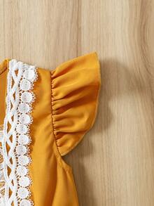 女童休闲可爱优雅百搭蕾丝拼接短袖连衣裙，春夏款 - 黃色 - 查看 4