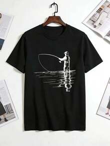 1 Men's Black T-Shirt With Fisherman Silhouette Print, Unisex Casual Crew Neck T-Shirt, Men's Plus Size 5XL Clothing, Lightweight 220g/M² Knit Fabric, Machine Washable - 黑色 - 查看 2