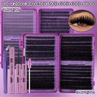 640 piezas Juego de pestañas postizas individuales con rizado D, gran capacidad, incluye pegamento, pegamento sellador, pinzas, cepillo para pestañas, kit de pestañas postizas para principiantes, kit de extensión de pestañas DIY para usar en casa, pestañas postizas esponjosas y gruesas segmentadas, autoadhesivas, cepillo para pestañas adecuado para maquillaje diario/ligero/completo, oficina, Y2K, disfraz, fácil de aplicar, ligero como el cabello, suave y realista, gran regalo para mujeres