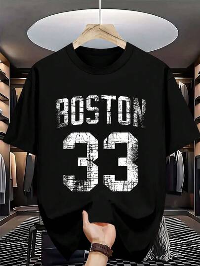 Camiseta gráfica Boston 33 para hombres - Camiseta de verano casual y deportiva con diseño audaz "BOSTON 83.82cm", ajuste regular transpirable, perfecta para salidas a la playa y fines de semana, ropa casual de verano| Estilo deportivo casual| Ajuste cómodo