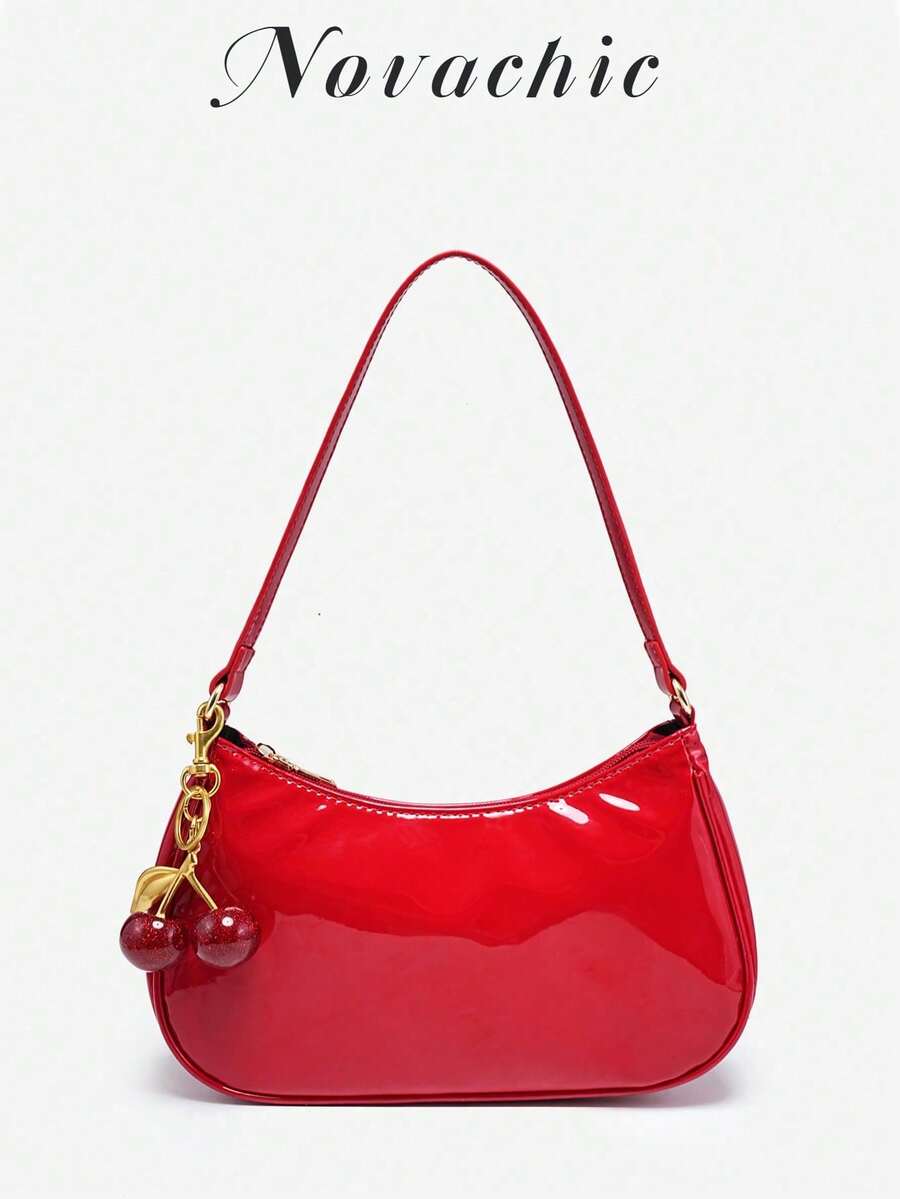New Fashion Classic Versatile PU Waterproof Fabric M Letter Pattern Shoulder Bag, Printed Design Metal Chain Decoration Design French Baguette Bag, Women's Shoulder Bag Suitable For Shopping. Commuting, Travel Use - 紅色 - 查看 1
