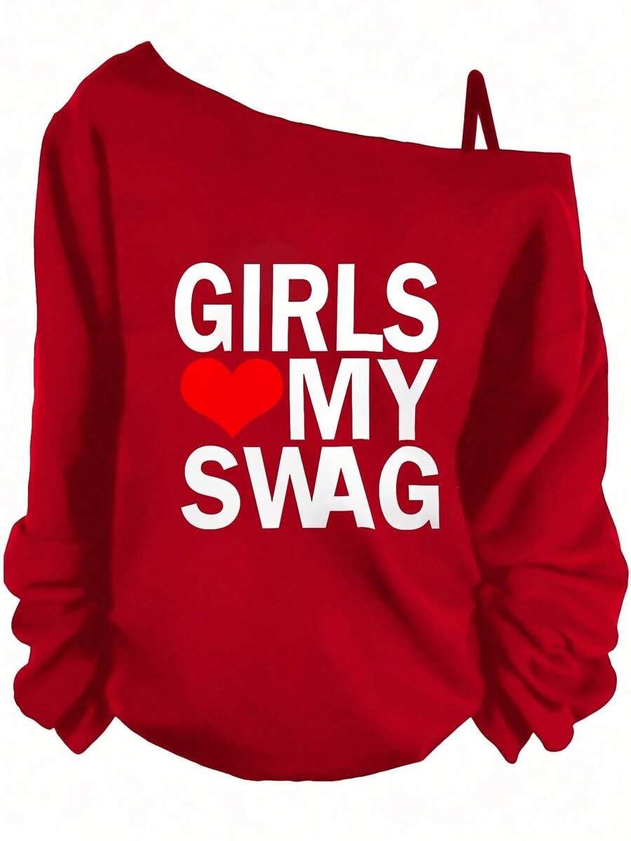 Valentine Outfits For Women, Girls My Swag, Off The Shoulder Long Sleeve Top, Casual Style, Date Night, Spring Vibes, Essentials Hoodie,Summer Outfits For Women,Spring Tops - 紅色 - 查看 1