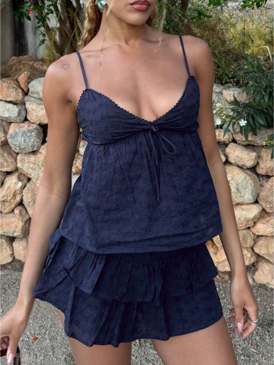 Women Lace Camisoles V-Neck Spaghetti Strap Casual Tank Tops Summer Fashion Sleeveless Vests Streetwear - màu xanh hải quân - Xem 1