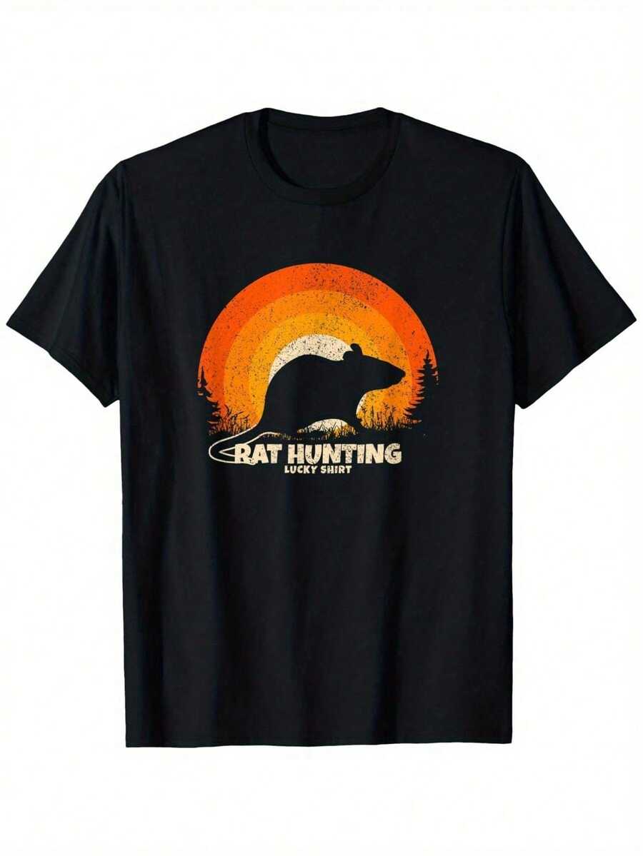 Rat Hunter Lucky Charm Kangaroo Rat Hunting Graphic T-Shirt - Heavyweight , Unisex Tee With Sunset & Pine Tree Design, Short Sleeve Round Neck For Men Women Family (S-Xxxl) - Ideal For Outdoor Activities & Holiday Gifts, Outdoor Activity Shirt, - Black - View 1