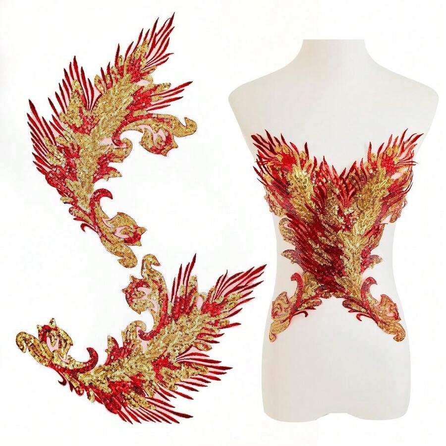 [Free Shipping]Silvora Pair Embroidery Phoenix Costume Sequin Appliques Patches, Peacock Feather Tail Applique Embellishments For Dance Dresses,Clothes,T-Shirt,Neckline Bodice Pants (Red) - 紅色 - 查看 1