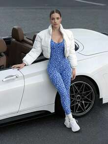 1pc Seamless Women Leopard Print Yoga Jumpsuit With Removable Padded Bra, High Elasticity Butt Lifting And Tummy Control Design - Blue - View 4