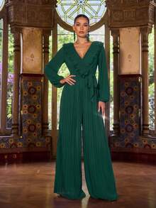 Faeriesty Elegant långärmad, lyktaärmad, djup V-ringad, golvlång jumpsuit - volangkrage, avtagbar midja och skräddarsydda veckade byxor | Lämplig för högtidsfester, nyårsafton, formella galor, formella evenemang och bröllop - Mörk Grön - Visa 3