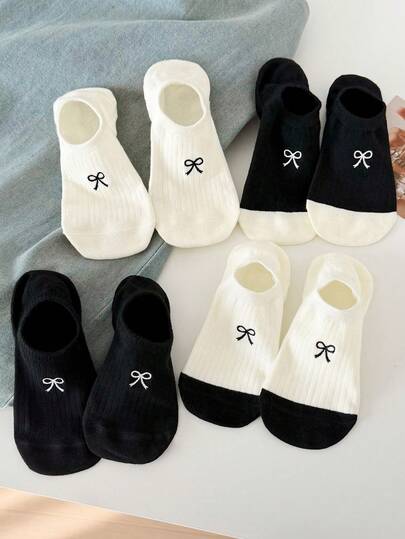 4 Pairs Black & White Bow Tie Short Socks, Suitable For Daily Wear, Sports, And Home, All Season, Non-Slip, Moisture-Wicking, Lightweight Breathable, Fashionable
