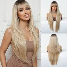 28 Inch Long Ombre Golden Wig With Bangs, Made Of Natural Synthetic Fiber, Heat Resistant Long Wig For Cosplay, Suitable For Women's Daily, Party, Cosplay And Other Occasions - Gold - View 12