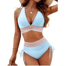Women High Waisted Bikini Sets Tummy Control Swimsuits Color Block Two Piece Drawstring Bathing Suit Outdoorfun - 藍綠色 - 查看 10