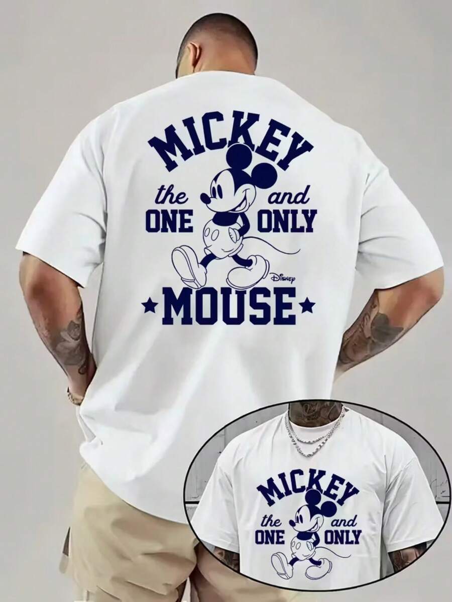 Disney Mickey Mouse Men's T-Shirt-White Summer Short-Sleeved T-Shirt, Letter Design, Breathable Round Neck, Adult Loose C-Shirt, Fan Products, Playful Design, Machine Wash. - White - View 1